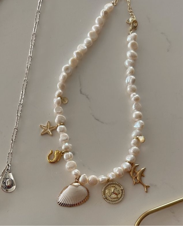 The Shells & Pearl Charm Necklace (premade)