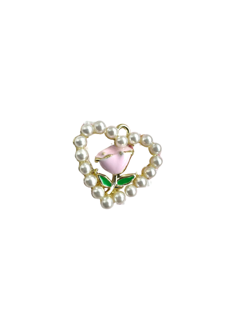 Vintage Pearl Heart and Pink Rose Charm